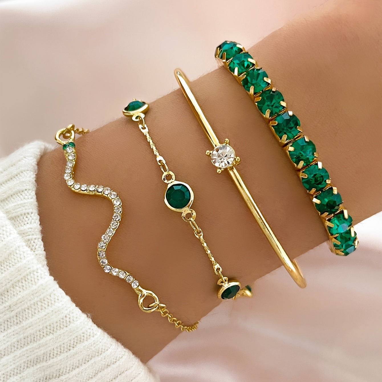 Green gemstone claw chain bracelet and bangle set